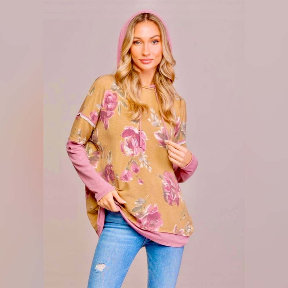 NWOT Sew In Love Attractive Pink/Tan Floral Hoodie Size Medium Free Hood!